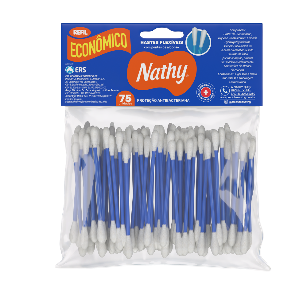 Hastes Flexiveis Com Pontas de Algodão Nathy Refil Com 75 Unidades