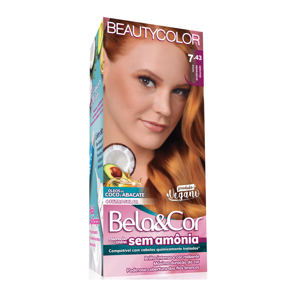 Coloração Tonalizante Beauty Color Bela&Cor Sem Amônia Ruivo Acobreado Dourado 7.43