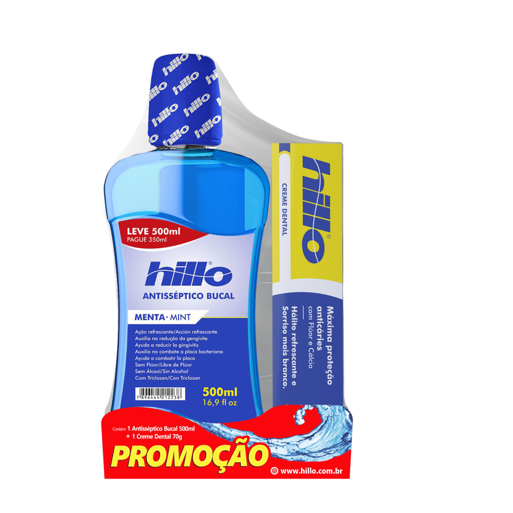 Kit Antisséptico Bucal Menta 500ml + Creme Dental Hillo 70G
