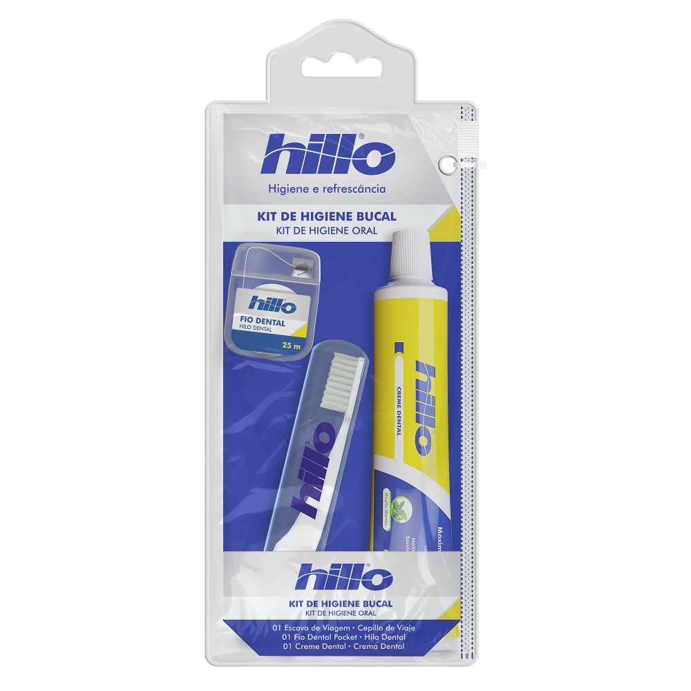 Kit Hillo Higiene Bucal Escova Dental + Creme Dental + Fio Dental