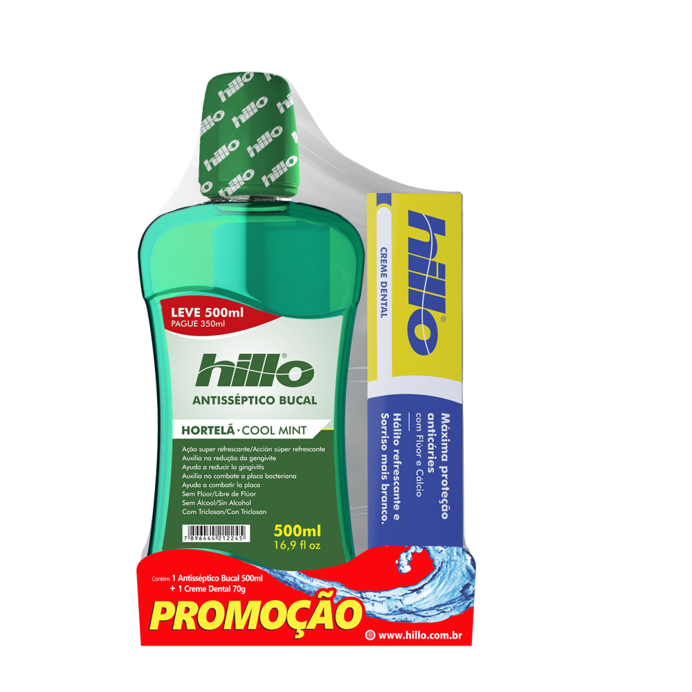 Kit Antisséptico Bucal Hortelã 500ml + Creme Dental Hillo 70G