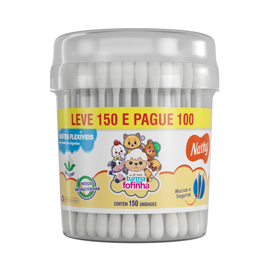 Hastes Flexiveis Com Pontas de Algodão Nathy Baby Com 150 Unidades