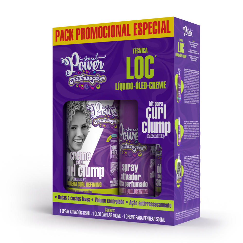 Pack Promocional Técnica Loc Soul Power Creme Para Pentear 500ml + Óleo Capilar 100ml + Spray Curl Clump 315ml