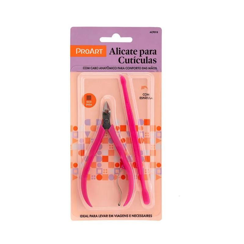 Kit Proart Alicate Para Cutículas + Espátula Com Cabo de Plástico Rosa Ref. ACP01B