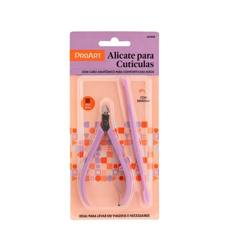 Kit Proart Alicate Para Cutículas + Espátula Com Cabo de Plástico Lilás Ref. ACP02B