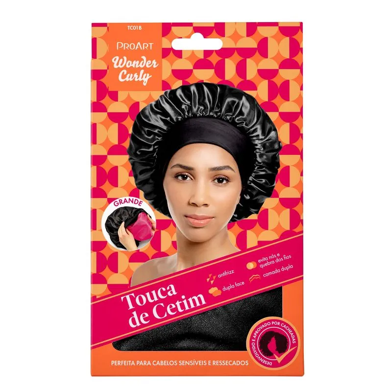 Touca Proart Wonder Curly Cetim Dupla Camada Preta Ref. TC01B