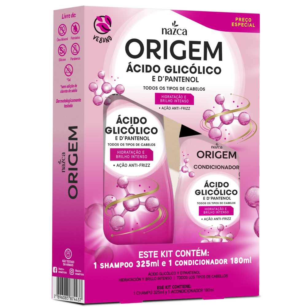 Kit Shampoo 325ml + Condicionador 180ml Origem Ácido Glicólico E Dpantenol