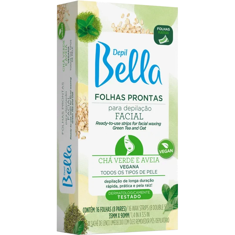 Folhas Prontas Para Depilação Facial Depil Bella Chá Verde E Aveia Com 16 Unidades