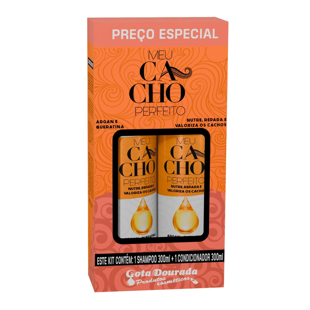 Kit Shampoo 300ml + Condicionador 300ml Gota Dourada Argan E Queratina Meu Cacho Perfeito