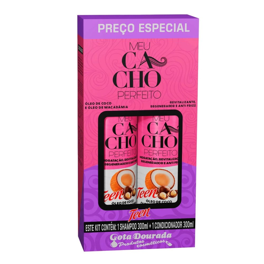 Kit Shampoo 300ml + Condicionador 300ml Gota Dourada Óleo De Coco E Óleo De Macadâmia Meu Cacho Perfeito