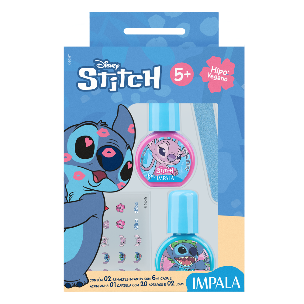 Kit Infantil Impala Stitch 20 Adesivos Para Unha + 2 Lixa + 2 Esmaltes
