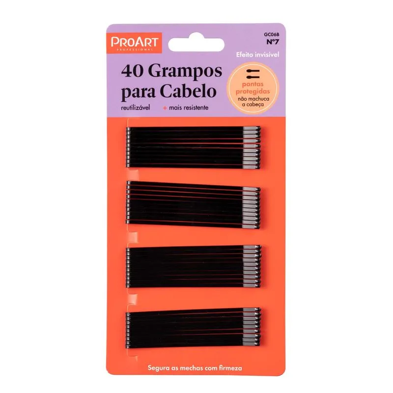 Grampos Capilares Proart Para Cabelo Curvo Preto Com 40 Unidades Ref. GC06B