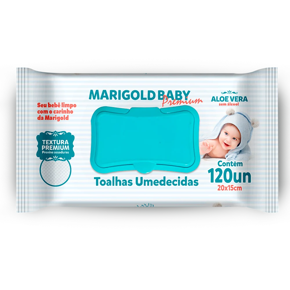Toalha Umedecida Marigold Baby Premium Azul Com 120 Unidades