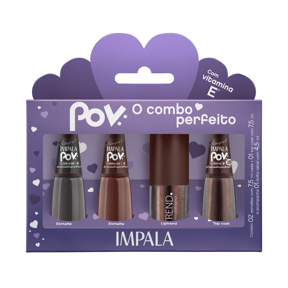 Kit Impala POV 3 Esmaltes + Gloss Labial Lip Trend Marcella Bragança