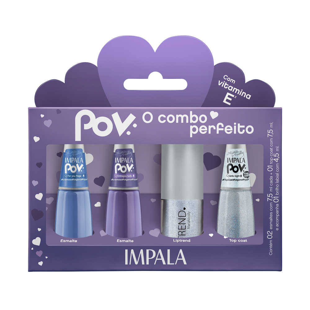 Kit Impala POV 3 Esmaltes + Gloss Labial Lip Trend Maria Nicolly