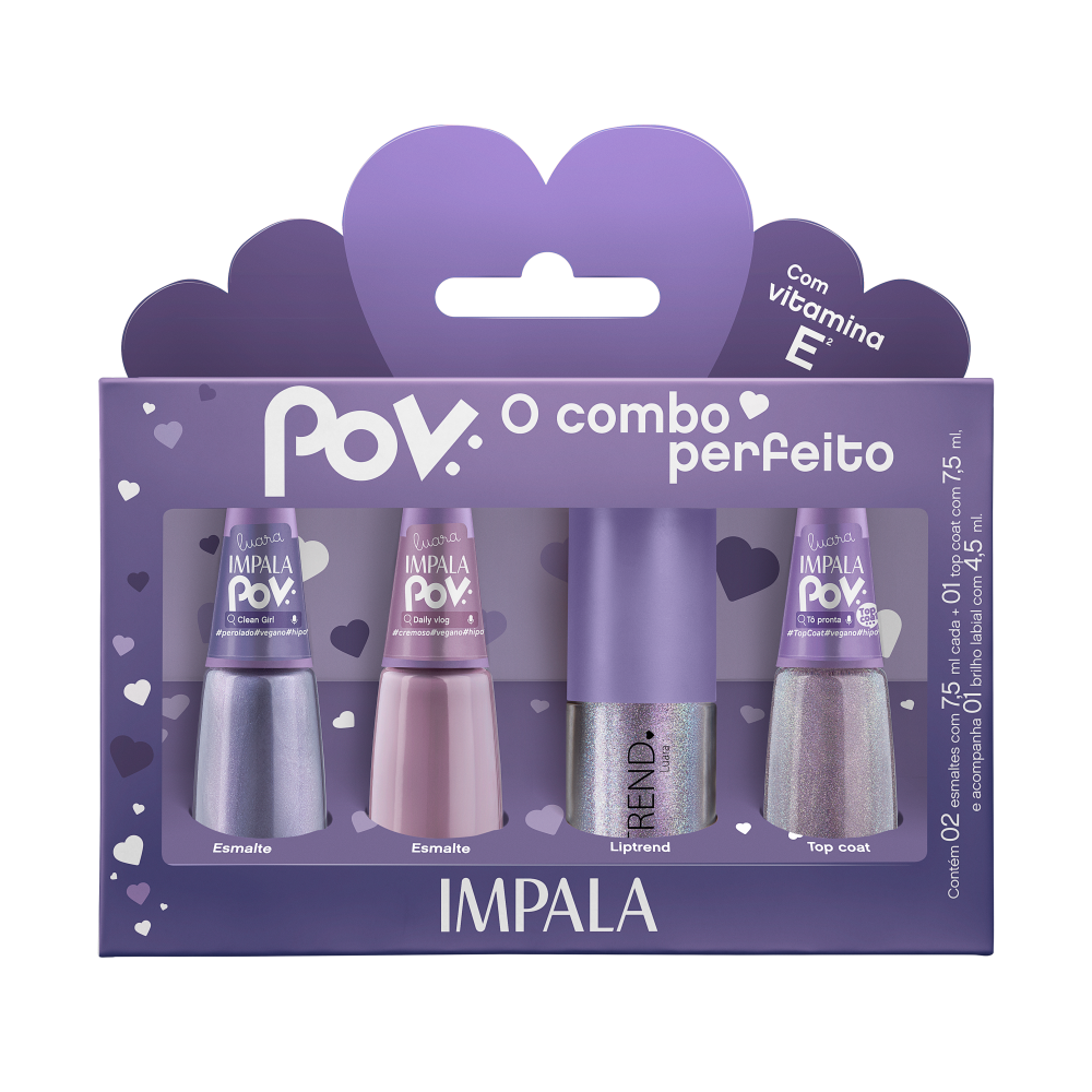 Kit Impala POV 3 Esmaltes + Gloss Labial Lip Trend Luara