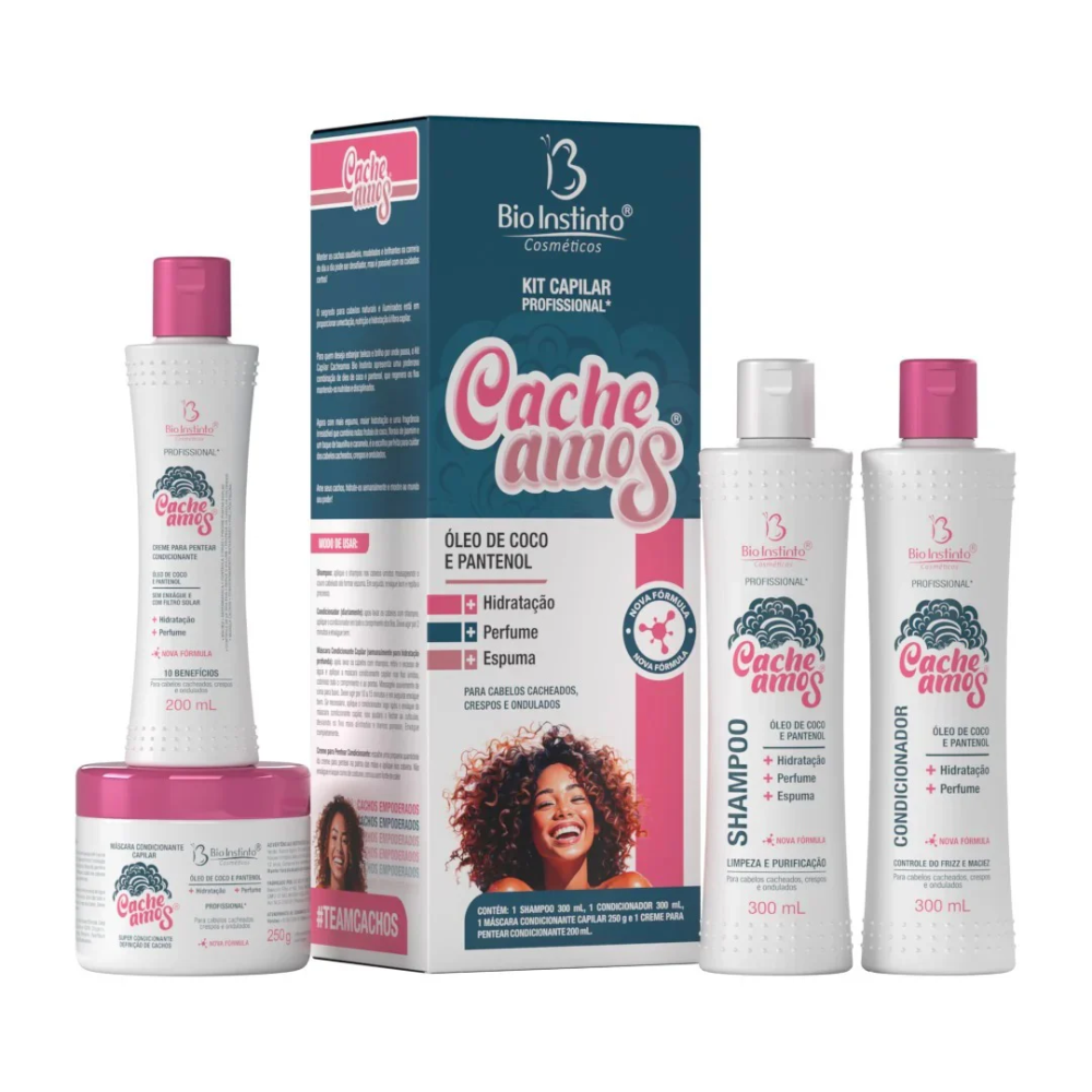 Kit Shampoo 300ml + Condicionador 300ml + Máscara 250g + Creme Para Pentear 200ml Bio Instinto Cacheamos