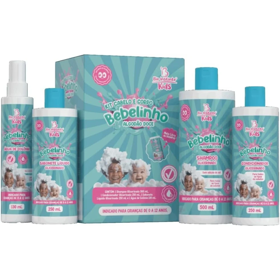 Kit Shampoo 500ml + Condicionador 250ml + Sabonete Líquido 250ml + Água De Colônia 130ml Bio Instinto Kids Algodão Doce