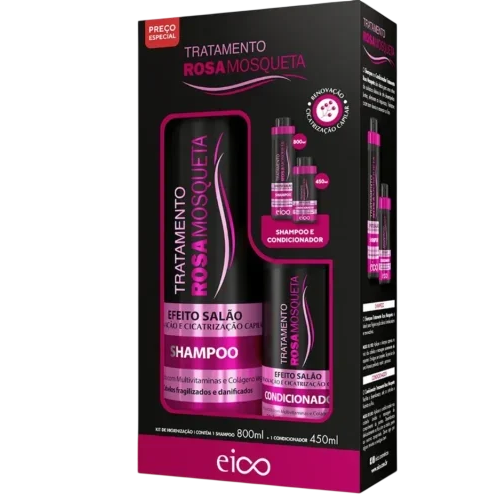 Kit Shampoo 800ml + Condicionador 450ml Eico Efeito Salão Rosa Mosqueta