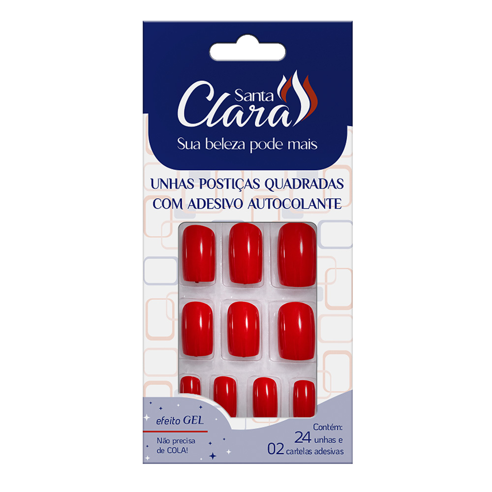 Unhas Postiças Autocolante Santa Clara Quadradas Vermelha Com 24 Unidades Ref.6648
