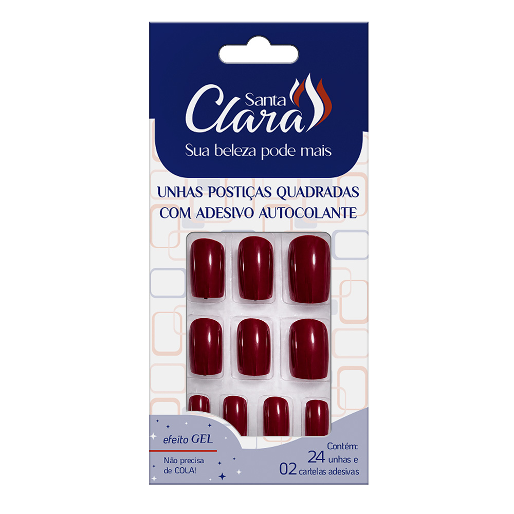 Unhas Postiças Autocolante Santa Clara Quadradas Vinho Com 24 Unidades Ref.6649