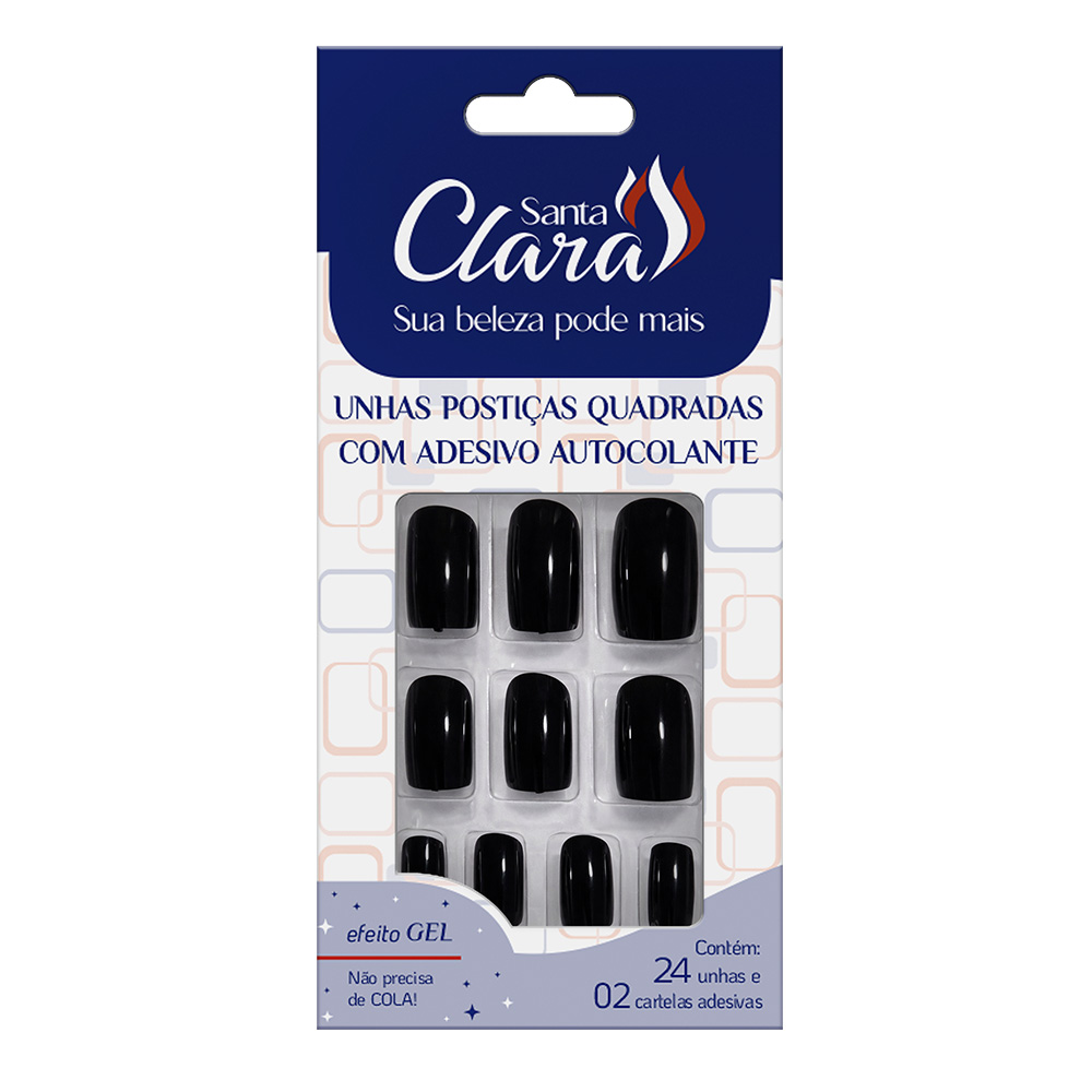 Unhas Postiças Autocolante Santa Clara Quadradas Preta Com 24 Unidades Ref.6650