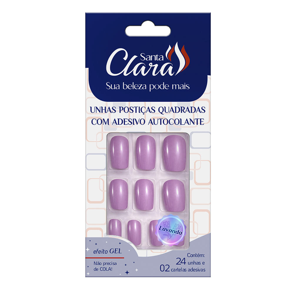 Unhas Postiças Autocolante Santa Clara Quadrada Lavanda Com 24 Unidades Ref.6657