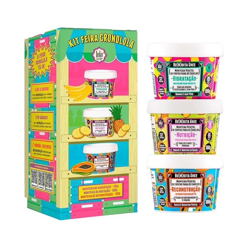 Kit Lola Feira Cronolola Manteiga Vegetal Capilar Abacaxi e Bacuri +Banana e Aloe Vera + Papaya e Queratina 3 de 100g