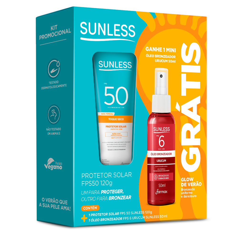 Kit Sunless Farmax 120g + 50ml Protetor Solar FPS50 + Óleo Bronzeador de Urucum FPS6