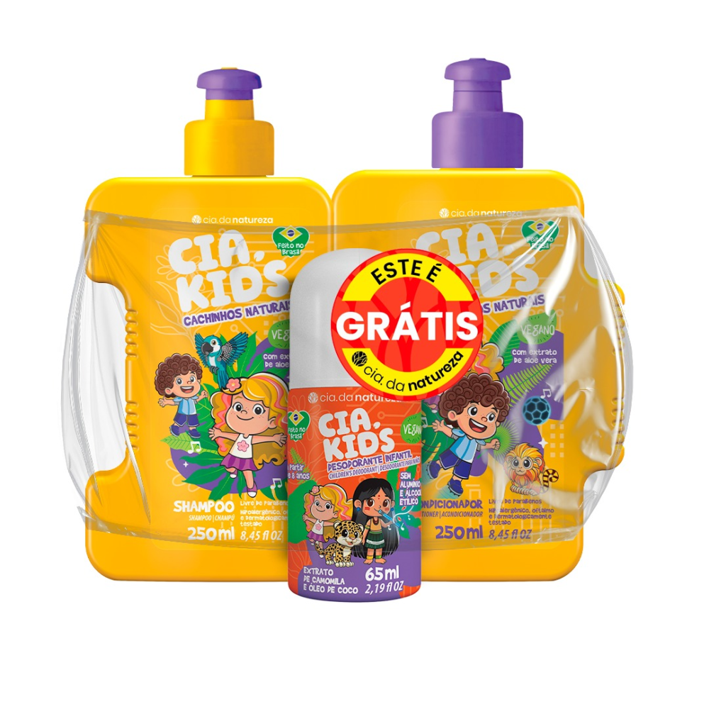 Kit Kids Cia Da Natureza Shampoo 250ml + Condicionador 250ml + Desodorante Roll-on 65ml Cachinhos Naturais