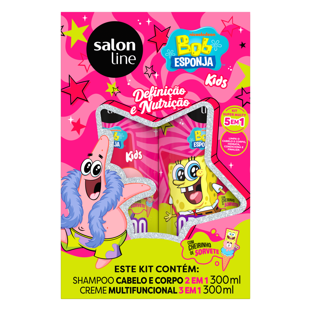 Kit Kids Salon Line Shampoo 2 em 1 300ml + Creme Multifuncional 3 em 1 300ml Bob Esponja Definição e Nutrição