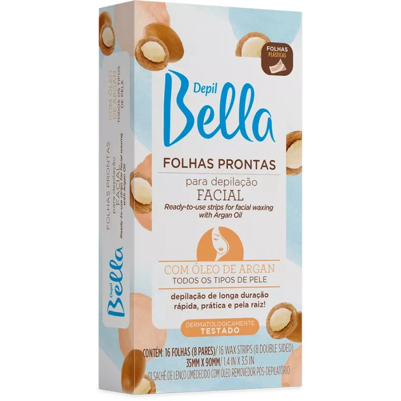 Folhas Prontas Para Depilação Facial Depil Bella Óleo De Argan Com 16 Unidades