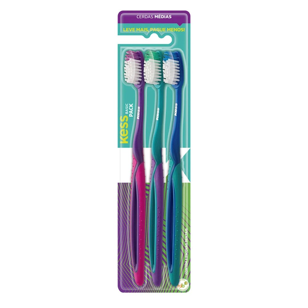 Escova Dental Kess Belliz Média Com 3 Unidades Basic Pack Ref. 2564