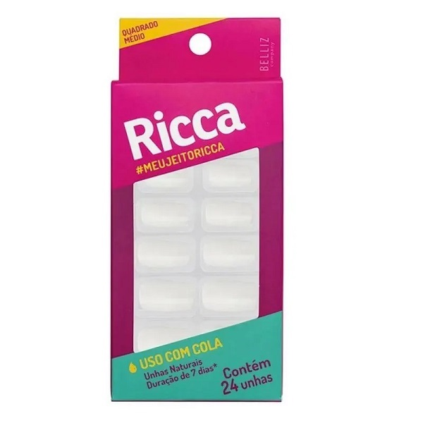 Unhas Postiças Ricca Belliz Com 24 Unidades Natural Quadrada Média Ref. 1320.